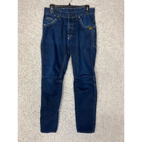 G-Star Raw Jeans Mens 32x32 Blue Distressed Biker Moto Dark Wash Button Fly - Picture 1 of 14